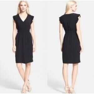 Kate Spade New York Size 6 Fluid Crepe Ruffle Sleeve V Neck Mini Dress Black
